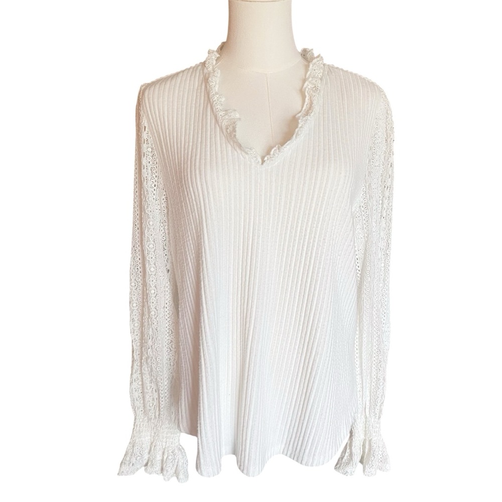 Democracy Lace Sleeve Knit Ribbed Top